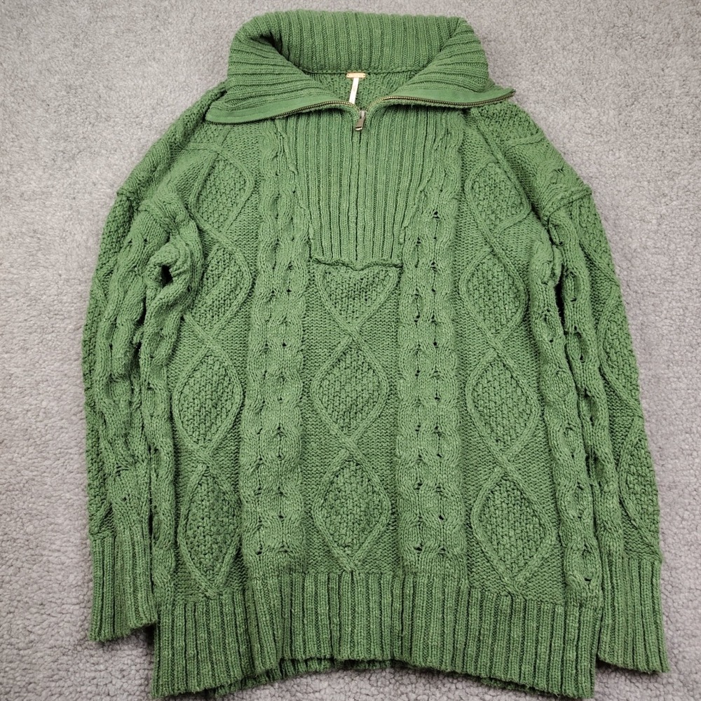Free People My Only Sunshine 1/4 Zip Cable Knit Sweater Green Sz Medium